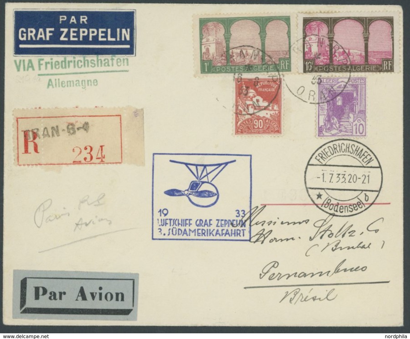ZULEITUNGSPOST 217Aa BRIEF, Algerien: 1933, Südamerikafahrt, Einschreiben, Prachtbrief - Posta Aerea & Zeppelin