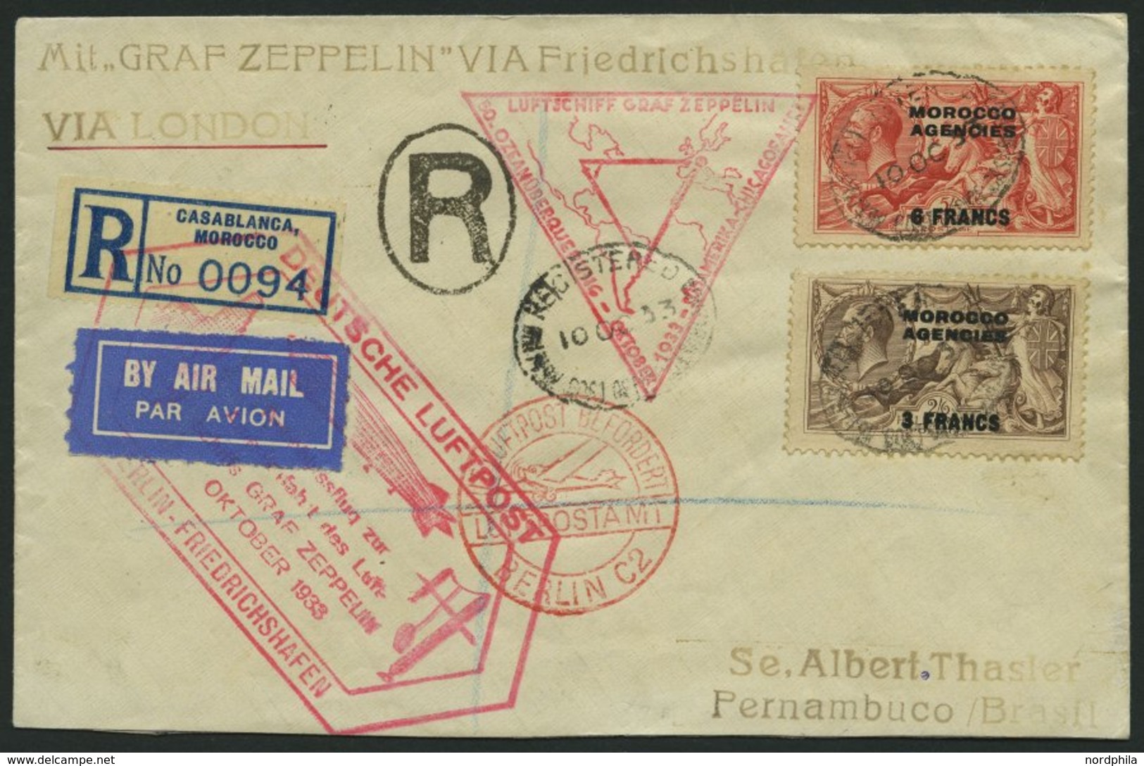 ZULEITUNGSPOST 238 BRIEF, Britische Post In Marokko (Französische Zone): 1933, Chicagofahrt, Anschlußflug Ab Berlin, Ein - Luft- Und Zeppelinpost