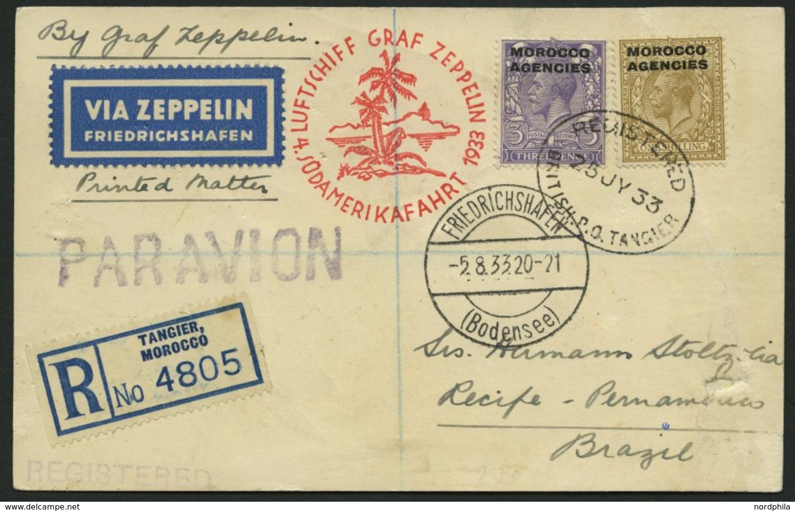 ZULEITUNGSPOST 223 BRIEF, Britische Post Marokko (Tanger): 1933, 4. Südamerikafahrt, Einschreibkarte, Feinst (Karte Rück - Luft- Und Zeppelinpost