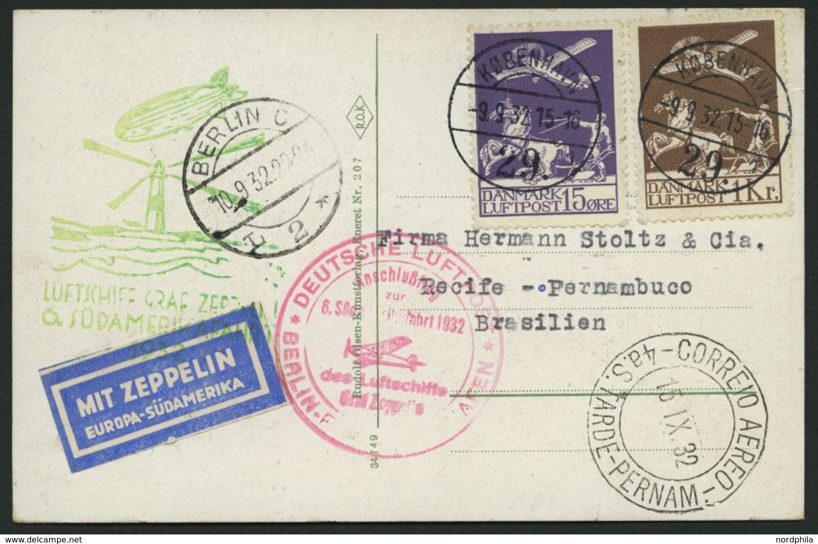 ZULEITUNGSPOST 150B BRIEF, Dänemark: 1932, 6. Südamerikafahrt, Anschlussflug Ab Berlin, Prachtkarte Mit Guter Frankatur - Luft- Und Zeppelinpost