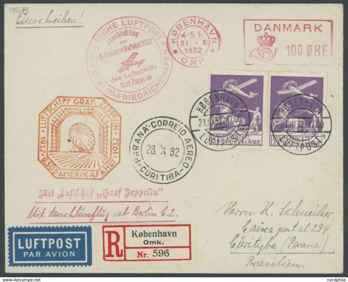 ZULEITUNGSPOST 195B BRIEF, Dänemark: 1932, 9. Südamerikafahrt, Anschlussflug Ab Berlin, Mit Seltener Freistempler/Briefm - Airmail & Zeppelin