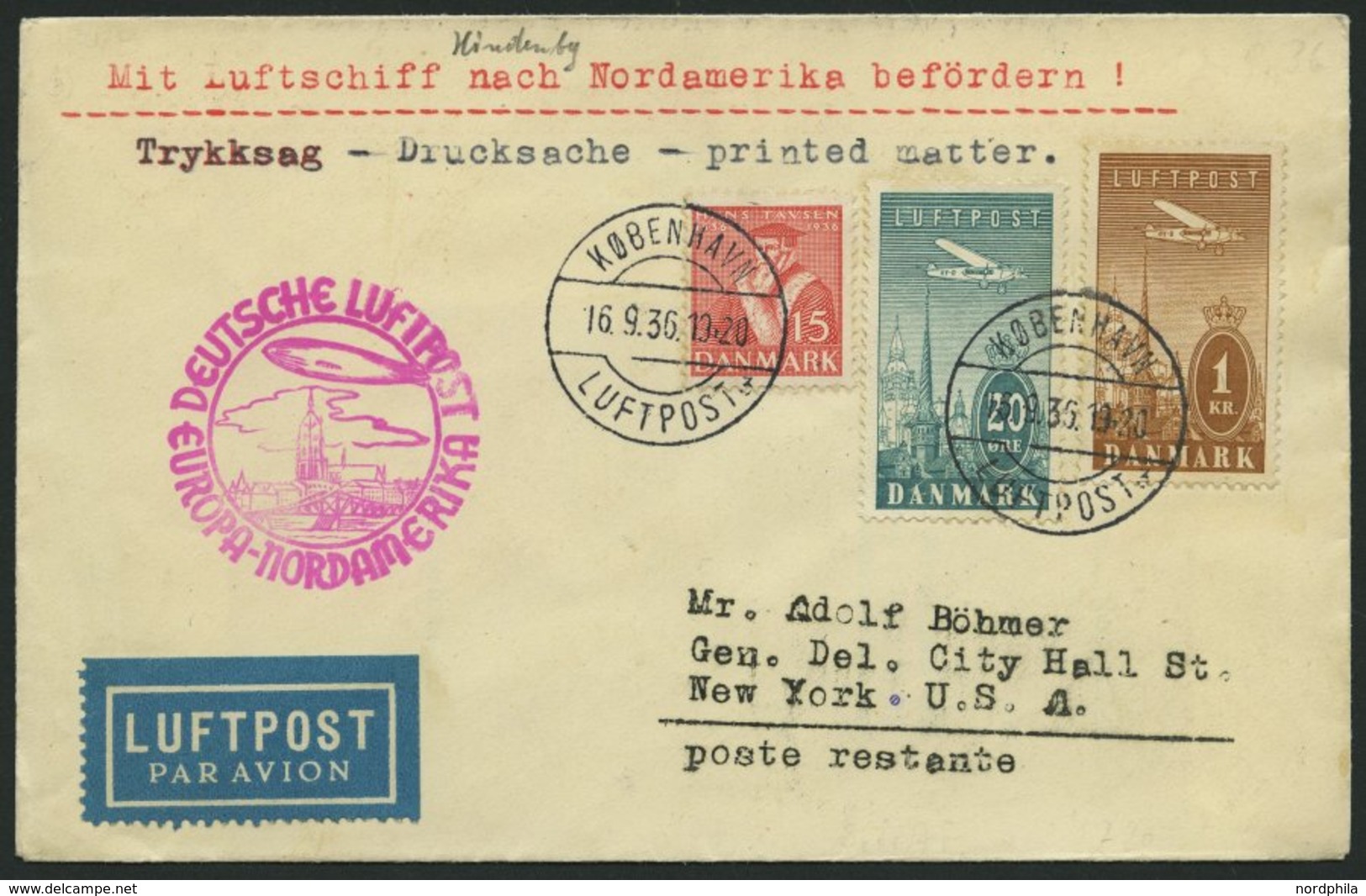 ZULEITUNGSPOST 439 BRIEF, Dänemark: 1936, 9. Nordamerikafahrt, Drucksache, Prachtbrief - Luft- Und Zeppelinpost