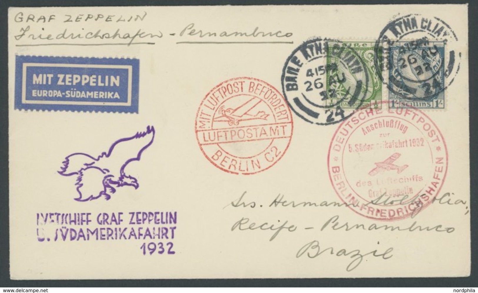 ZULEITUNGSPOST 171B BRIEF, Irland: 1932, 5. Südamerikafahrt, Anschlussflug Ab Berlin, Prachtbrief - Airmail & Zeppelin