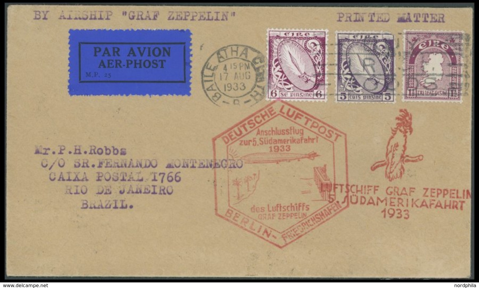 ZULEITUNGSPOST 226B BRIEF, Irland: 1933, 5. Südamerikafahrt, Anschlussflug Ab Berlin, Drucksache, Prachtbrief - Luft- Und Zeppelinpost