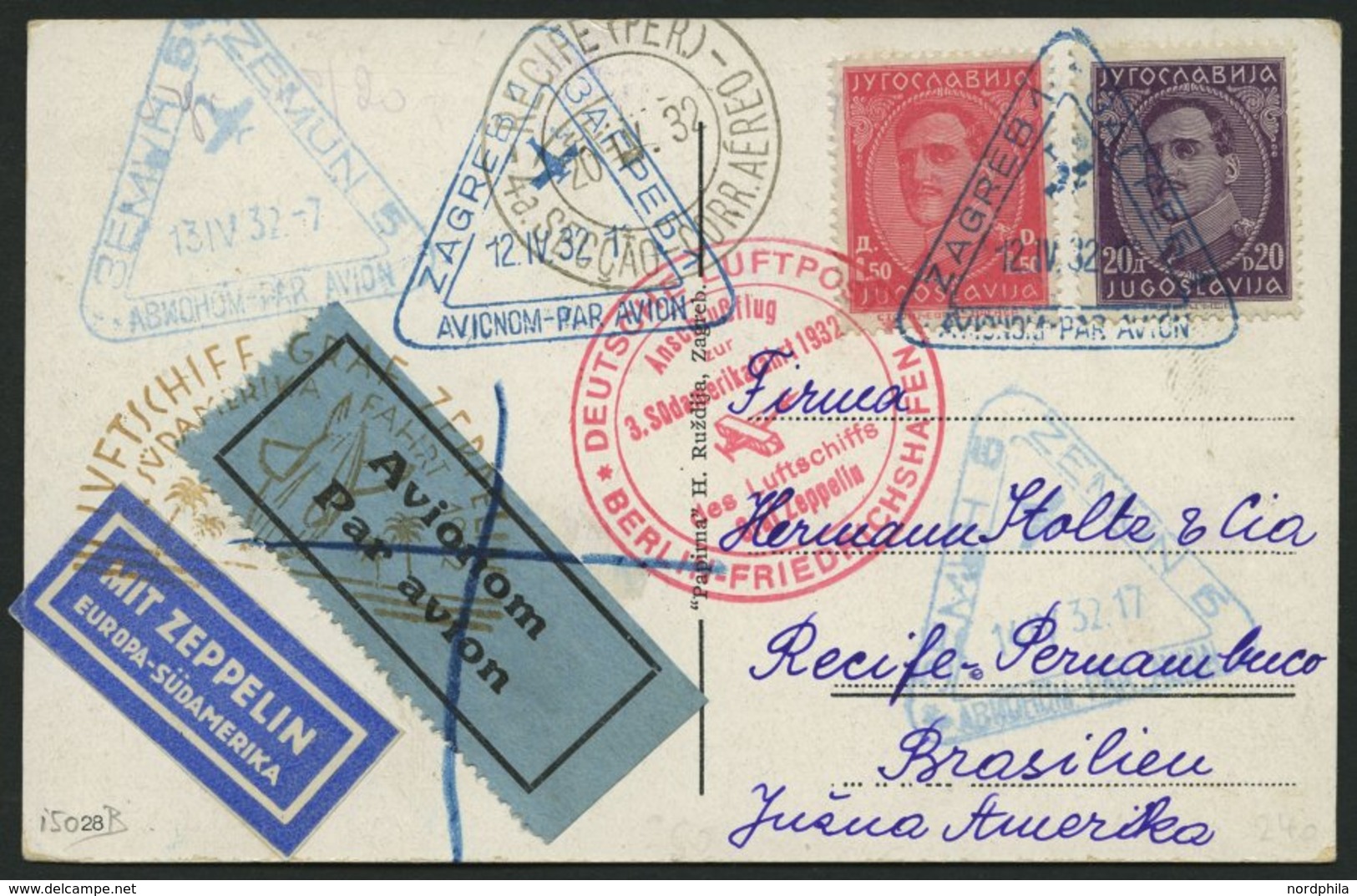 ZULEITUNGSPOST 150B BRIEF, Jugoslawien: 1932, 3. Südamerikafahrt, Anschlußflug Ab Berlin, Prachtkarte - Luft- Und Zeppelinpost