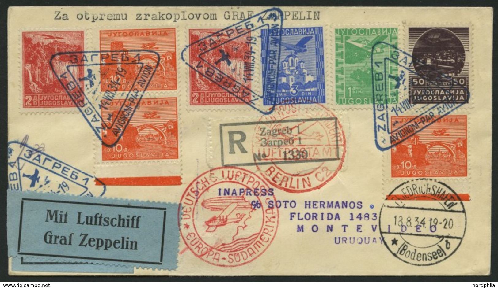 ZULEITUNGSPOST 268 BRIEF, Jugoslawien: 1934, 6. Südamerikafahrt, Einschreibbrief, Pracht - Airmail & Zeppelin