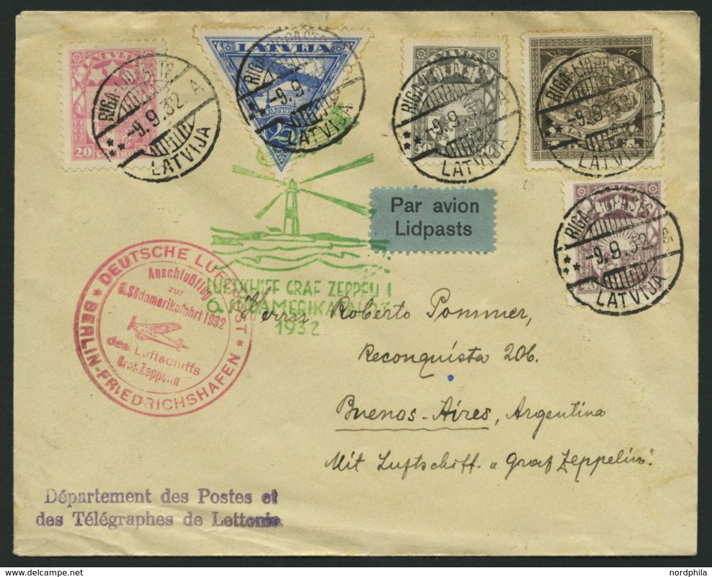 ZULEITUNGSPOST 177B BRIEF, Lettland: 1932, 6. Südamerikafahrt, Anschlußflug Ab Berlin, Brief Feinst - Airmail & Zeppelin