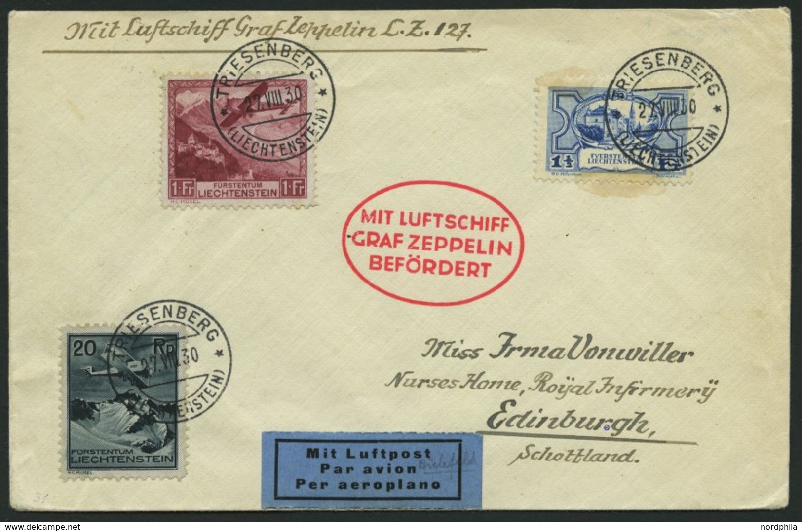 ZULEITUNGSPOST 81 BRIEF, Liechtenstein: 1930, Fahrt Nach Bielefeld, Mi.Nr. 71 Fleckig Sonst Prachtbrief - Luft- Und Zeppelinpost