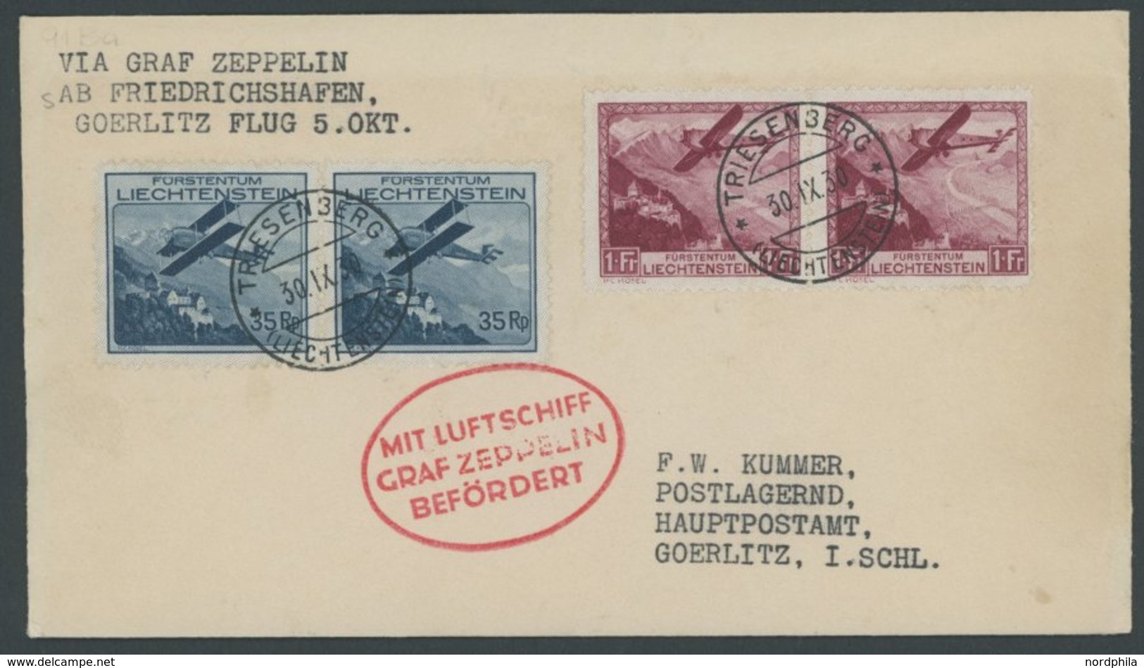ZULEITUNGSPOST 91Ba BRIEF, Liechtenstein: 1930, Fahrt Nach Görlitz, Frankiert Mit Mi.Nr. 111 Und 113 Je Im Waagerechten  - Luft- Und Zeppelinpost