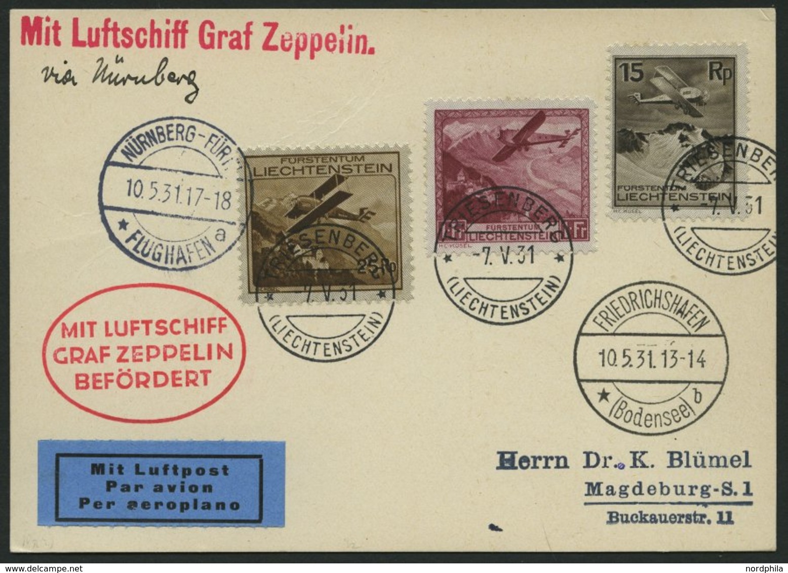 ZULEITUNGSPOST 107 BRIEF, Liechtenstein: 1931, Nürnbergfahrt, Prachtkarte - Luft- Und Zeppelinpost