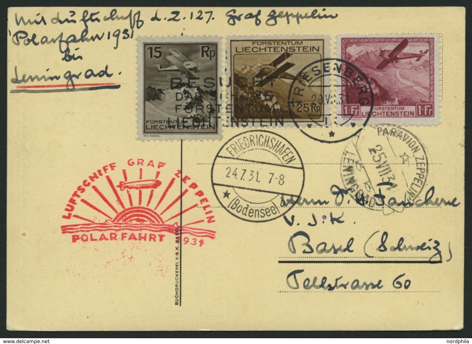 ZULEITUNGSPOST 119E BRIEF, Liechtenstein: 1931, Polarfahrt, Abgabe Leningrad, Prachtkarte - Luft- Und Zeppelinpost