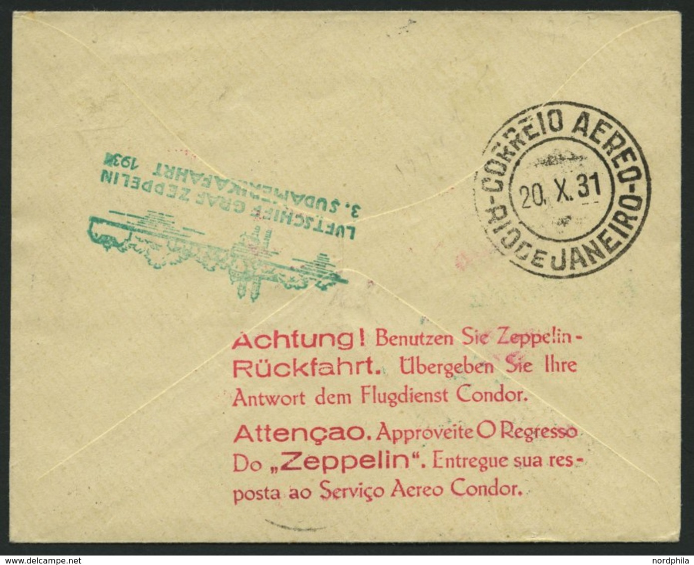 ZULEITUNGSPOST 133B BRIEF, Liechtenstein: 1931, 3. Südamerikafahrt, Post Nach Rio De Janeiro, Mit Rotem Rückfahrtstempel - Posta Aerea & Zeppelin