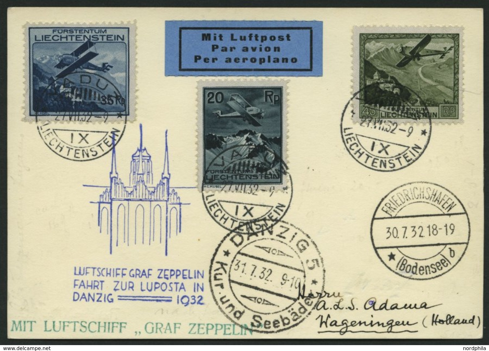 ZULEITUNGSPOST 169A BRIEF, Liechtenstein: 1932, Luposta-Rundfahrt, Abgabe Danzig, Prachtkarte Nach Holland - Correo Aéreo & Zeppelin