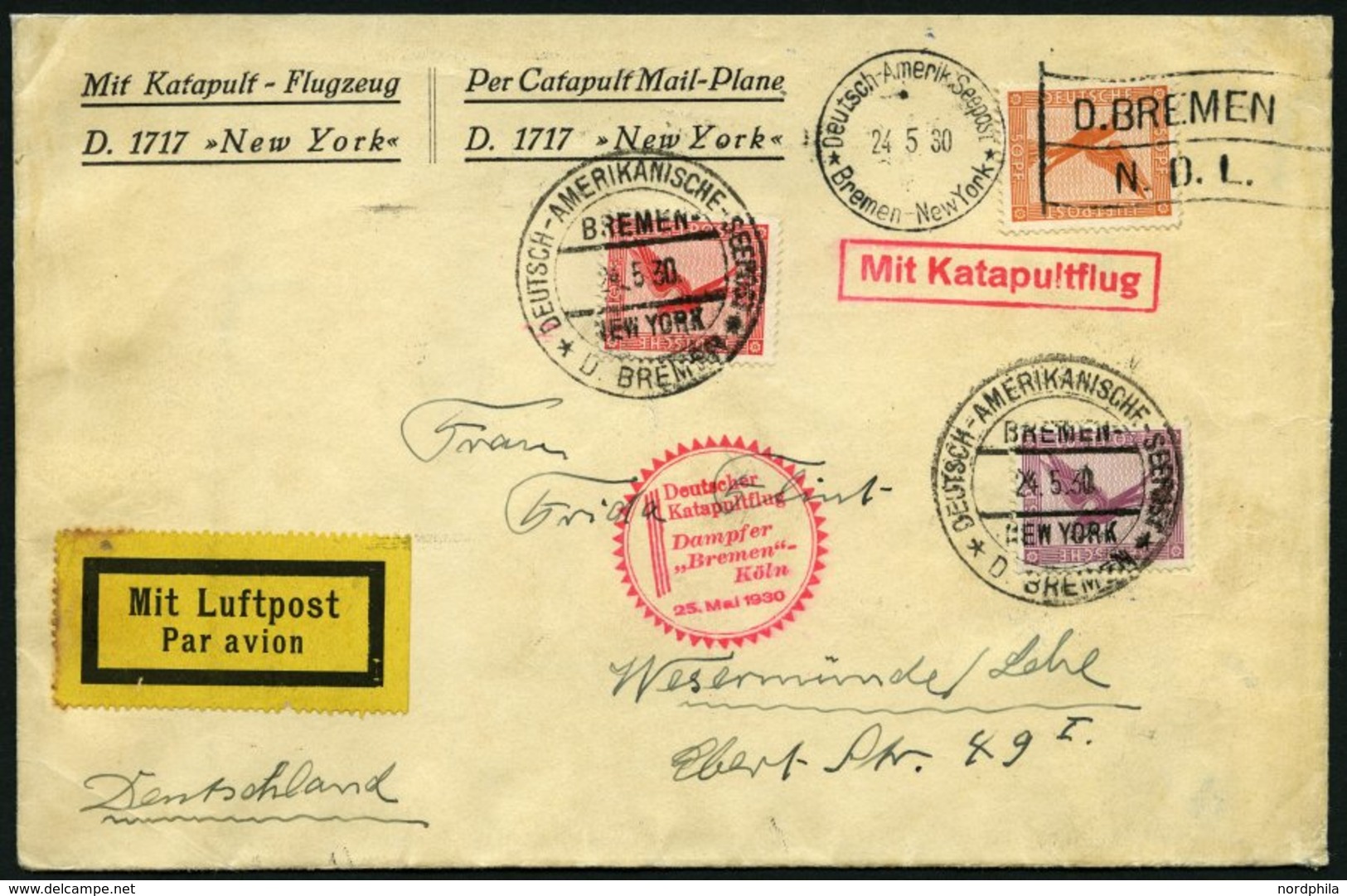 KATAPULTPOST 13c BRIEF, 25.5.1930, &quot,Bremen&quot, - Southampton, Deutsche Seepostaufgabe, Brief Feinst - Briefe U. Dokumente