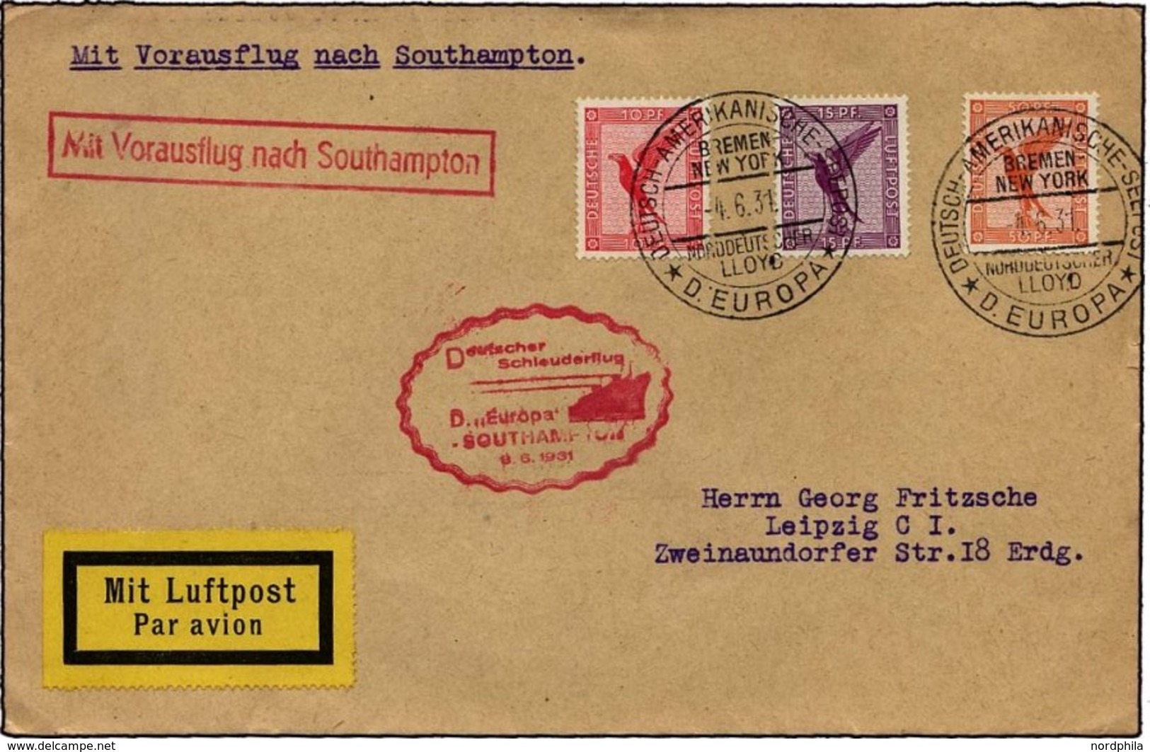 KATAPULTPOST 47c BRIEF, 8.6.1931, Europa - Southampton, Deutsche Seepostaufgabe, Prachtbrief - Briefe U. Dokumente