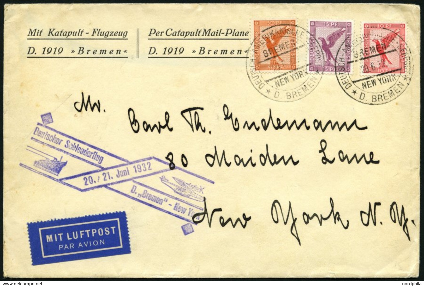 KATAPULTPOST 87b BRIEF, 20.6.1932, &quot,Bremen&quot, - New York, Seepostaufgabe, Brief Feinst - Storia Postale