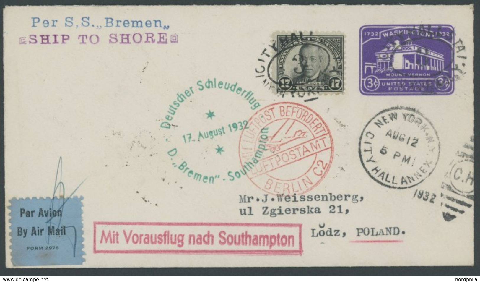 KATAPULTPOST 100a BRIEF, 17.8.1932, Bremen - Southampton, US-Landpostaufgabe, Prachtbrief - Briefe U. Dokumente