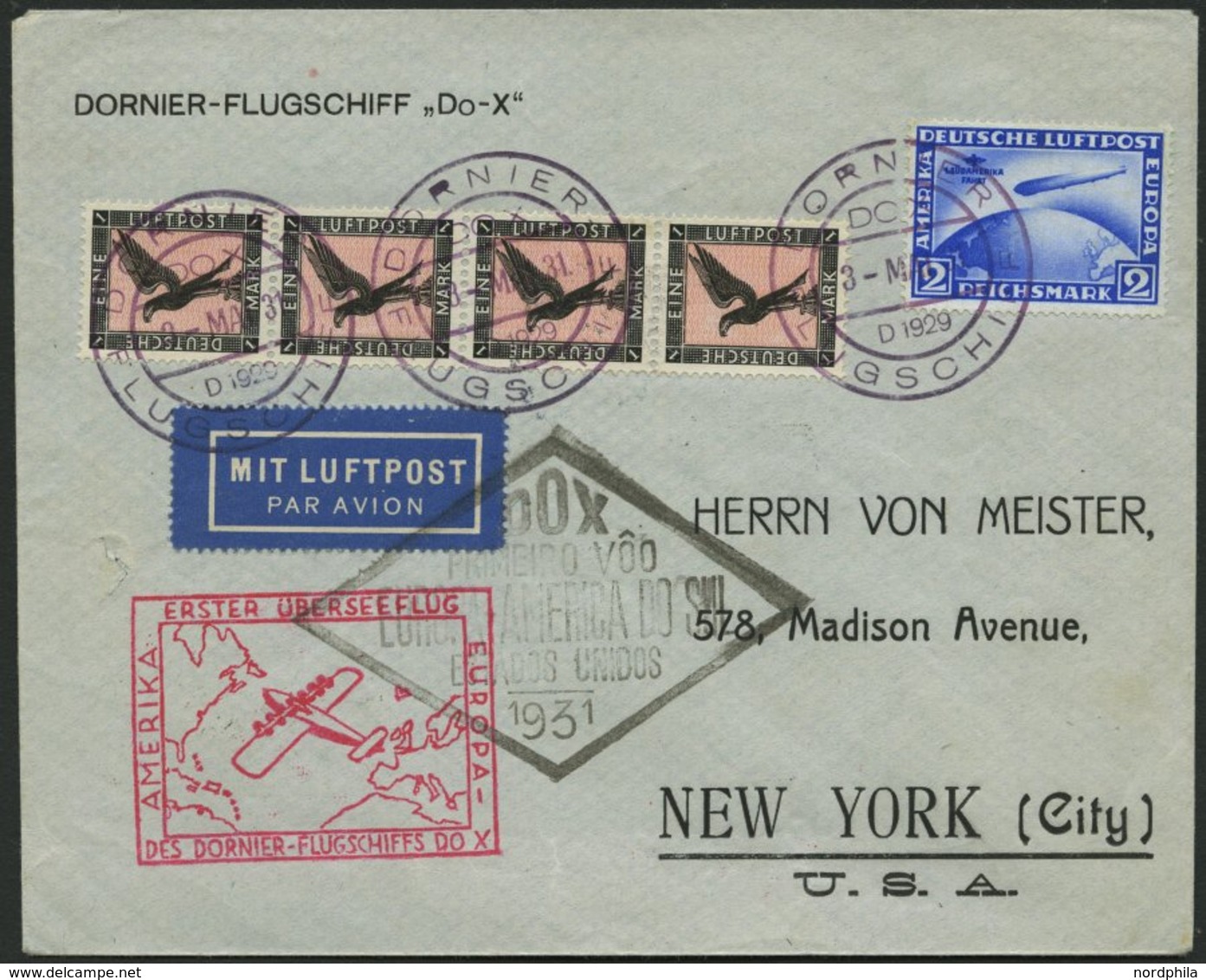 DO-X LUFTPOST DO 8 BRIEF, 3.5.1931, Deutsche Bordpostaufgabe Zum Flug Vila Cisneros-Südamerikafahrt Und Nach Nordamerika - Briefe U. Dokumente