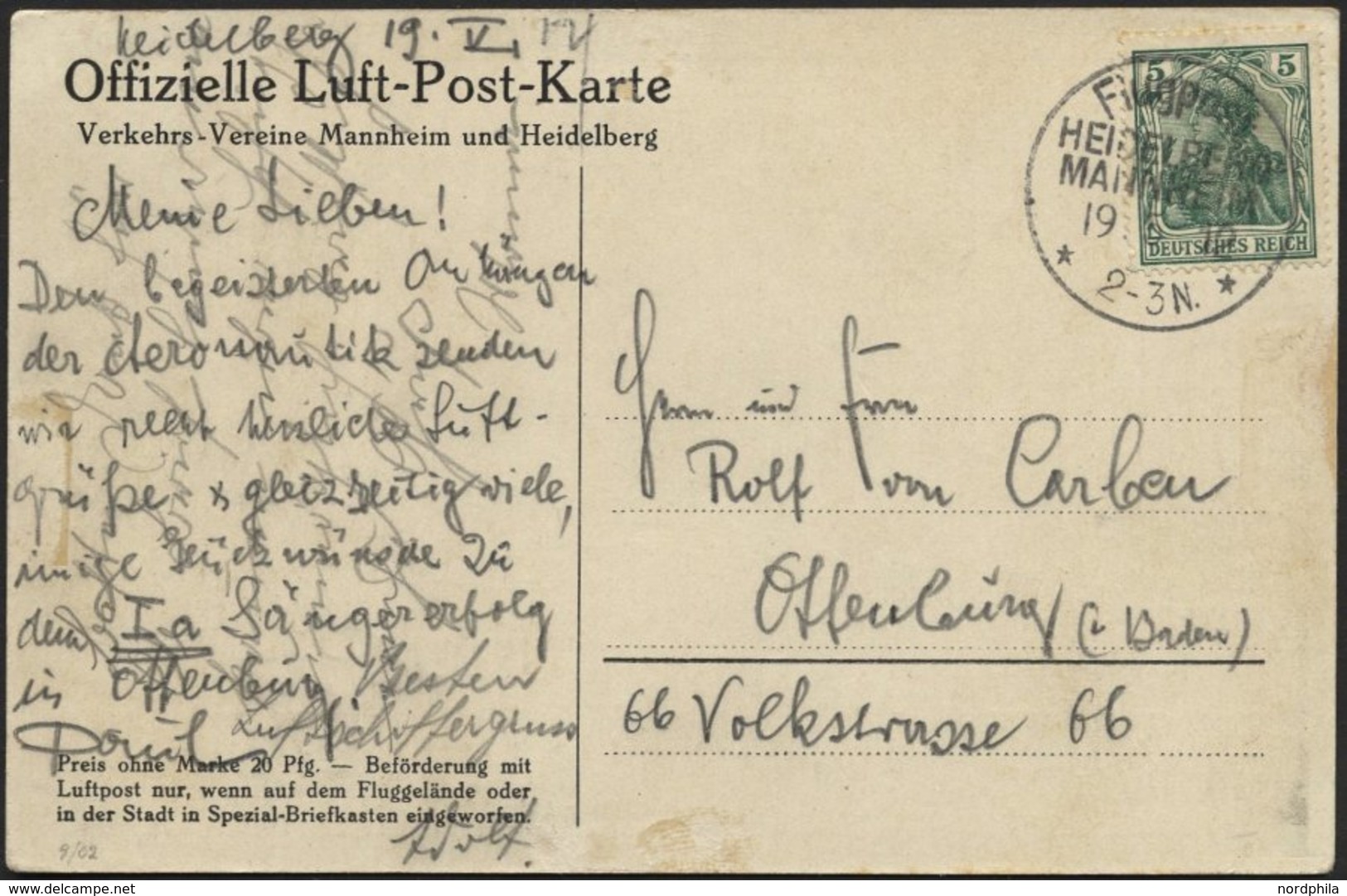 PIONIERFLUGPOST 1909-1914 9/02 BRIEF, 19.5.1912, Heidelberg-Mannheim, Sonderstempel, Minimal Fleckige Prachtkarte - Luft- Und Zeppelinpost