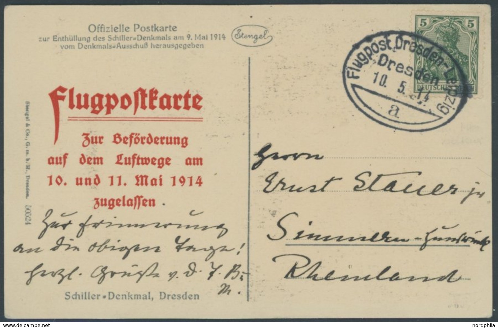 PIONIERFLUGPOST 1909-1914 25/01 BRIEF, 10.5.1914, Dresden-Leipzig-Dresden, Bildpostkarte Mit Rotem L5 Flugpostkarte Zur  - Luft- Und Zeppelinpost