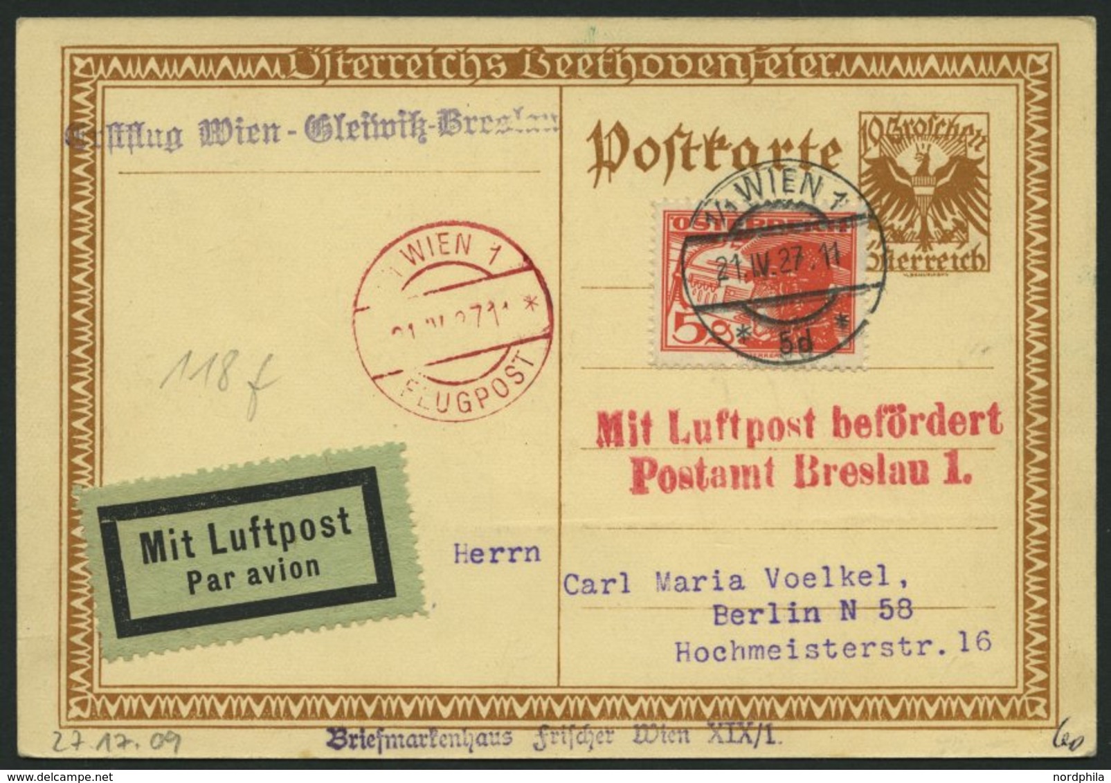 ERST-UND ERÖFFNUNGSFLÜGE 27.17.09 BRIEF, 21.4.1927, Wien-Breslau, Prachtkarte - Zeppeline