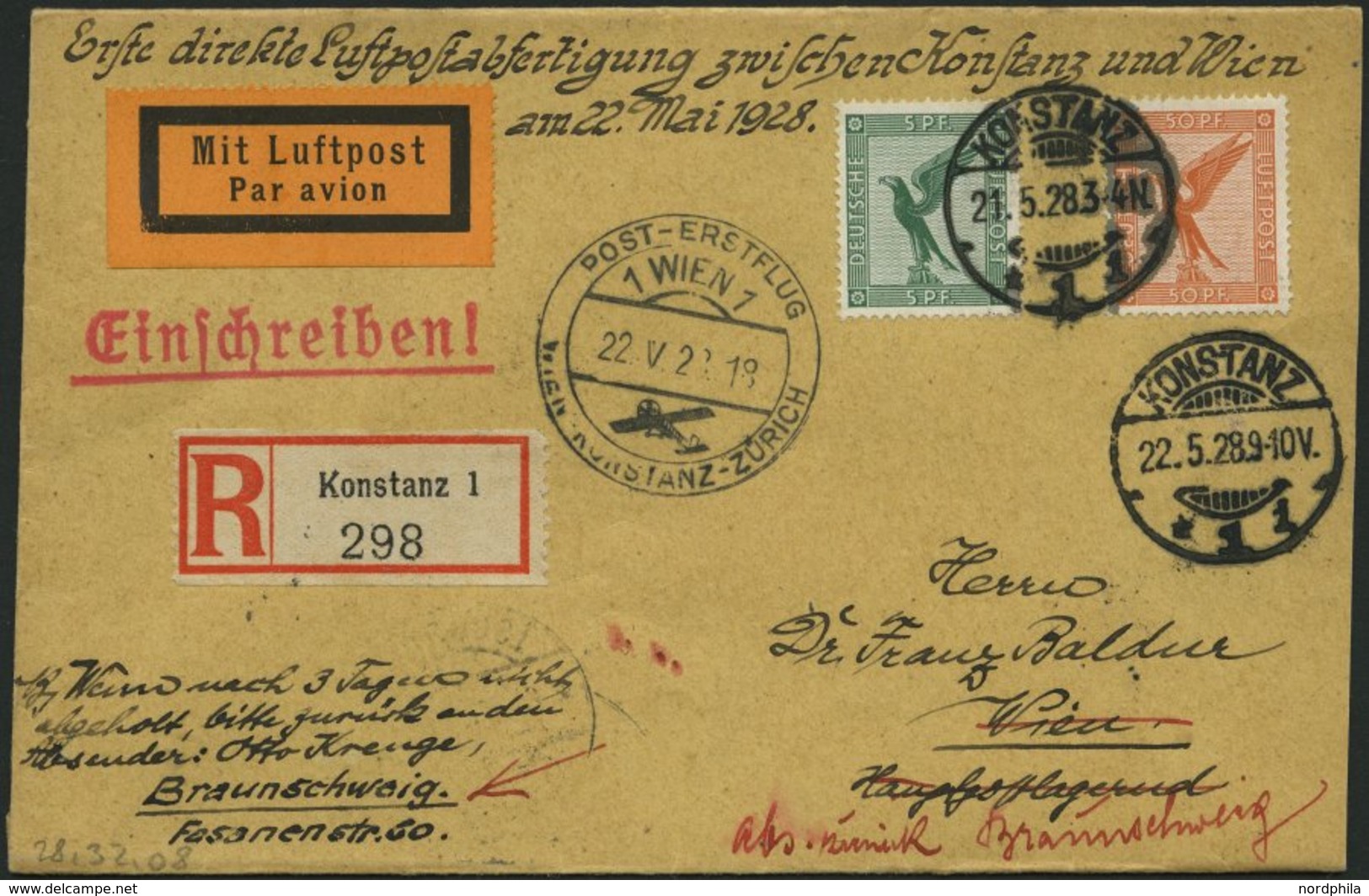 ERST-UND ERÖFFNUNGSFLÜGE 28.32.08 BRIEF, 22.5.1928, Konstanz-Wien, Prachtbrief - Zeppeline