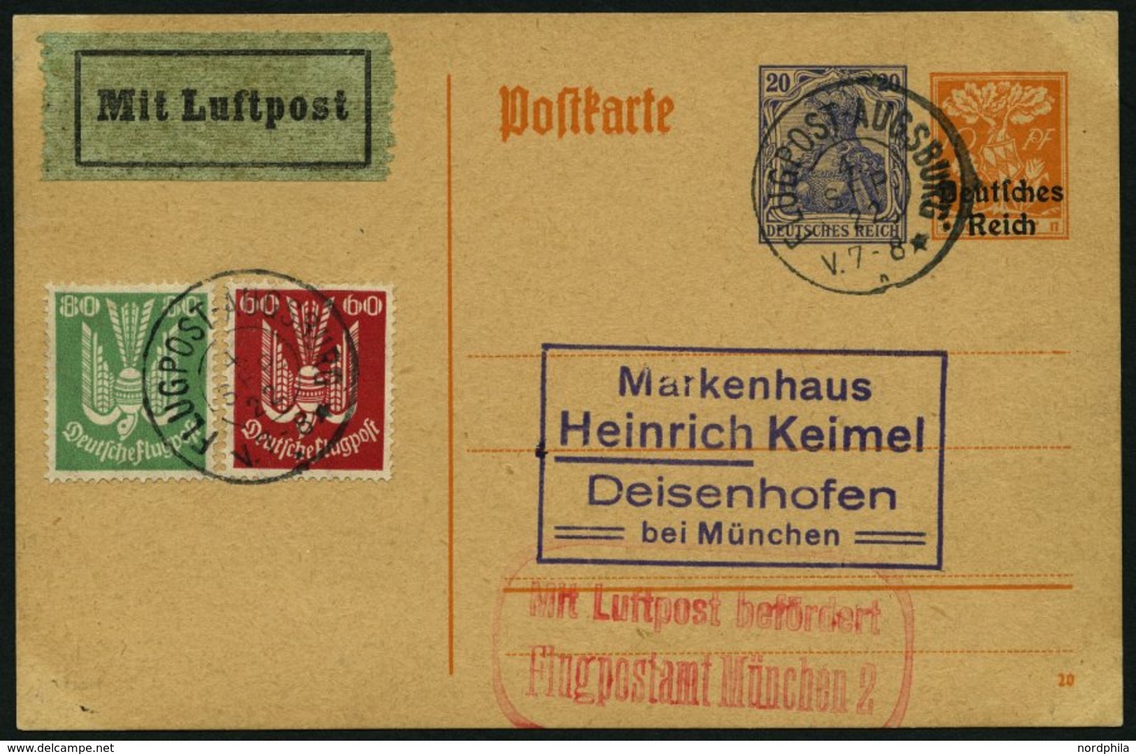 SPÄTERE FLÜGE (SPF) 21.4.11 BRIEF, 4.9.1922, Augsburg-München, PP 50 Mit Zusatzfrankatur (Mi.Nr. 213/4), Prachtkarte - Flugzeuge