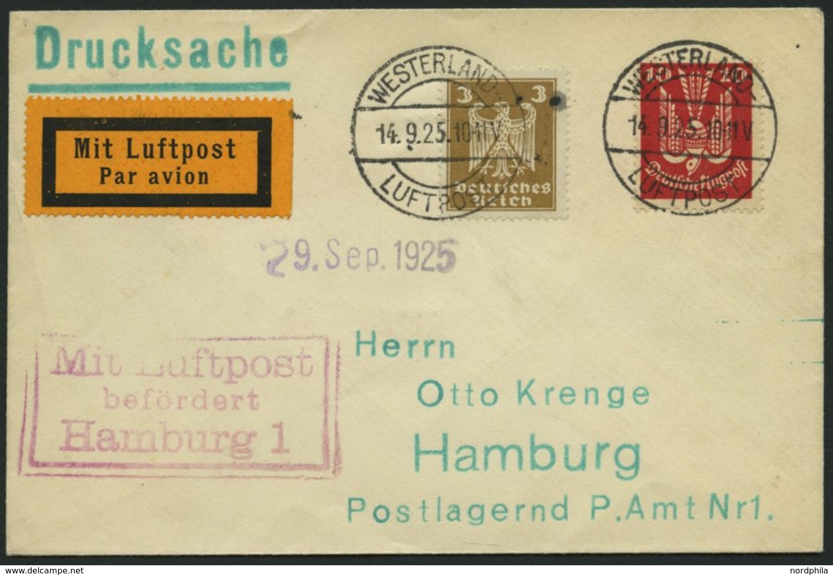 LUFTPOSTBESTÄTIGUNGSSTPL 51-01b BRIEF, HAMBURG 1, R3 In Rotviolett, Drucksache Von WESTERLAND Nach Hamburg, Prachtbrief - Luft- Und Zeppelinpost