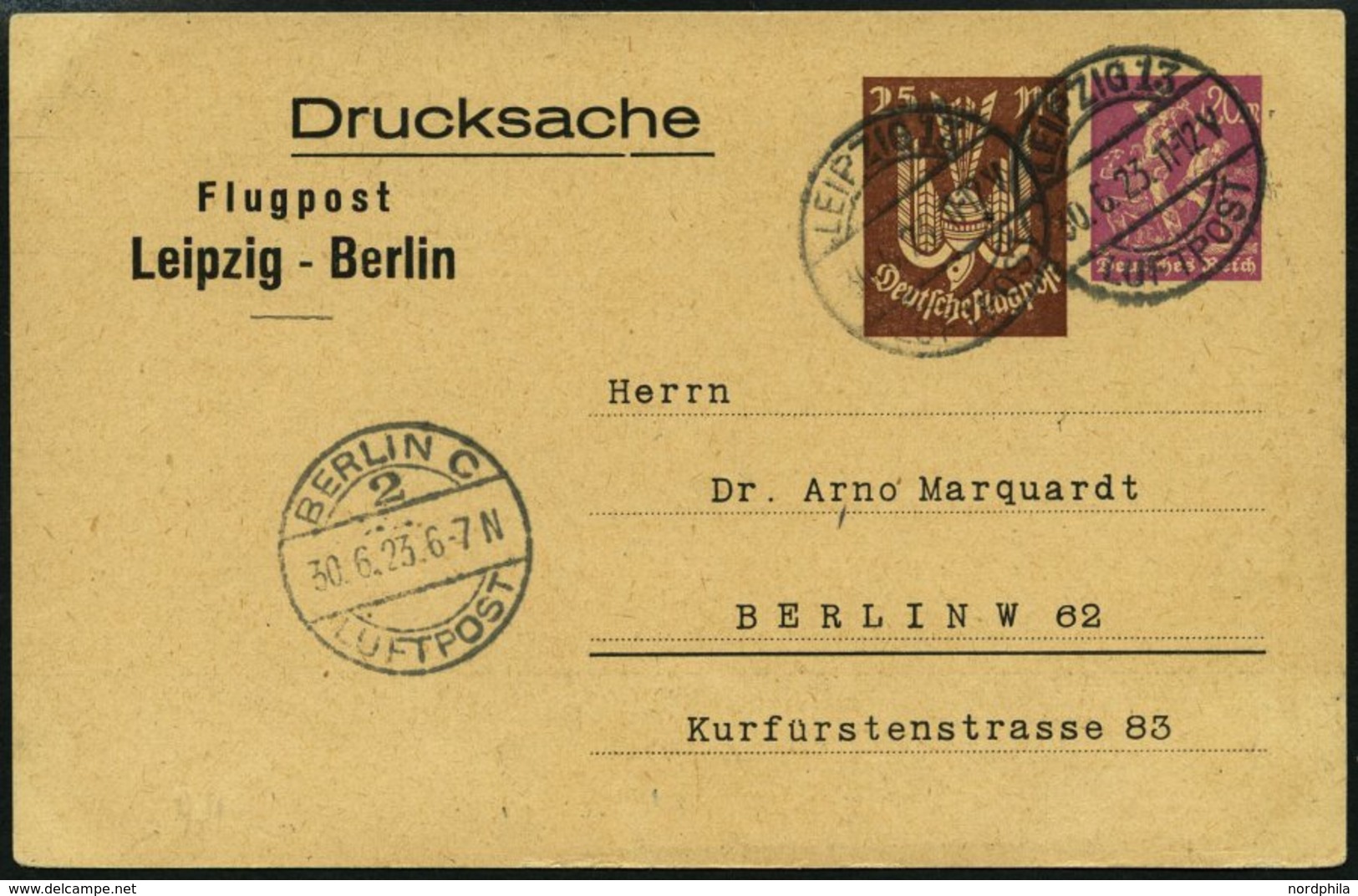 LUFTPOST-GANZSACHEN LPP 81-013 BRIEF, 30.6.1923, 25 Mark Braun Neben 20 Mark Lila Drucksache, Leipzig - Berlin, Prachtka - Aerei