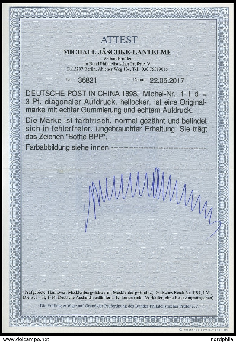 DP CHINA 1Id *, 1898, 3 Pf. Hellocker Diagonaler Aufdruck, Falzrest, Pracht, R!, Fotoattest Jäschke-L., Mi. 800.- - Deutsche Post In China