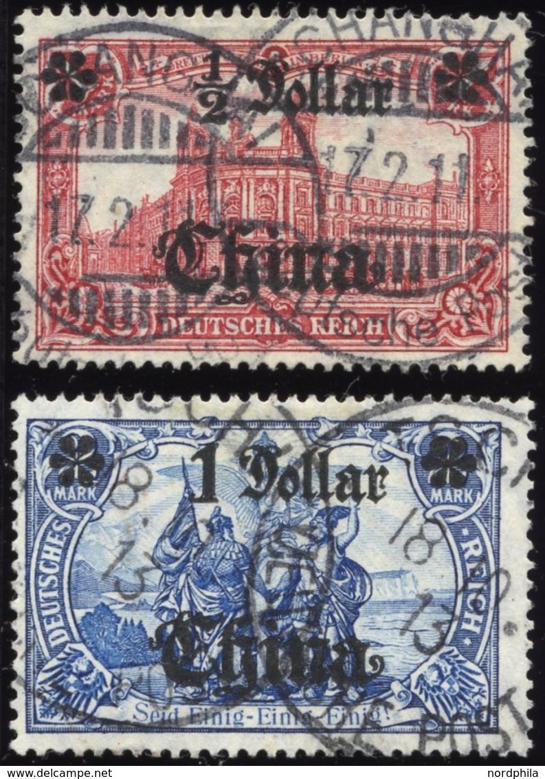 DP CHINA 44IAI,45IAII O, 1906/7, 1/2 D. Auf 1 M. Und 1 D. Auf 2 M., Mit Wz., Friedensdruck, 2 Werte üblich Gezähnt Prach - Deutsche Post In China