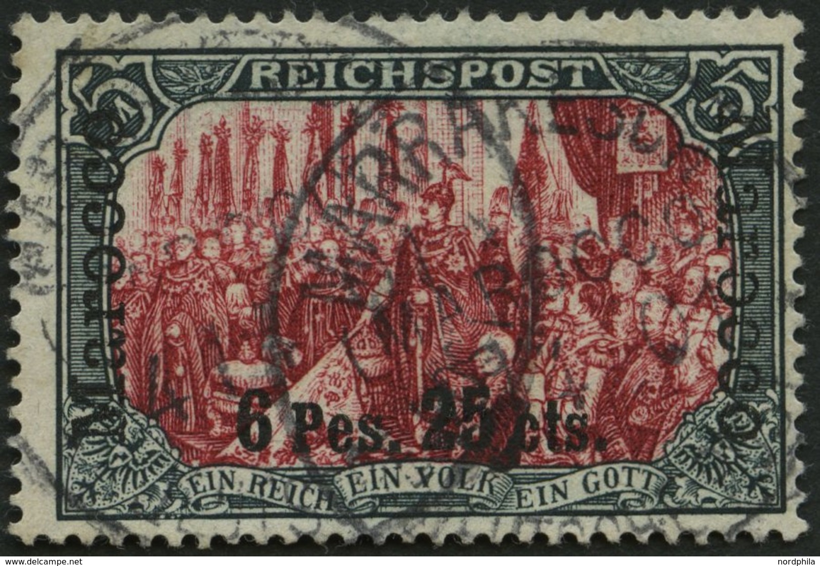 DP IN MAROKKO 19I/I O, 1900, 6 P. 25 C. Auf 5 M., Type I, Stempel MARRAKESCH, Pracht, R!, Fotoattest Jäschke-L., Mi. 180 - Deutsche Post In Marokko