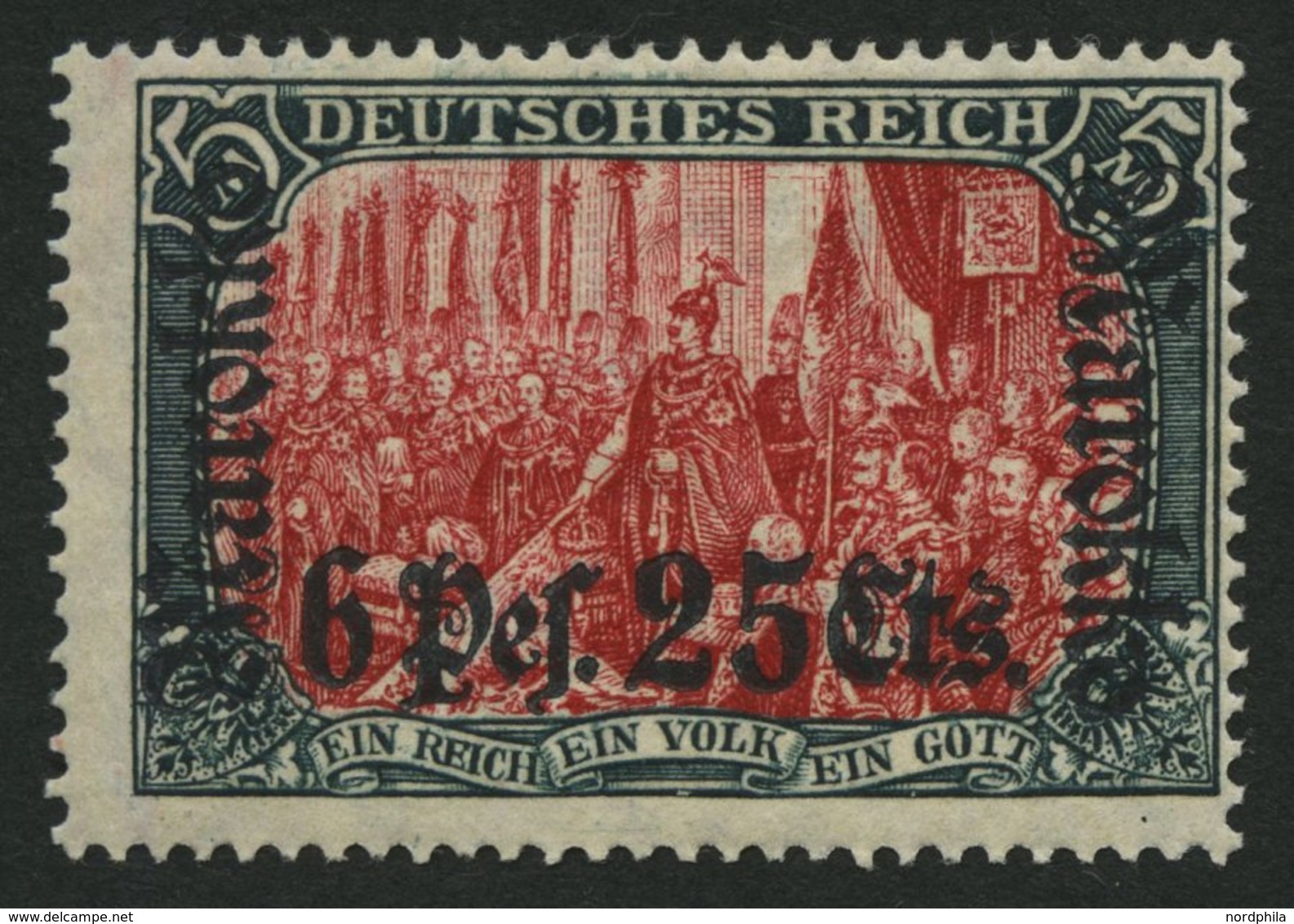 DP IN MAROKKO 58IAb *, 1911, 6 P. 25 C. Auf 5 M., Friedensdruck, Aufdruck Rußig, Falzrest, Pracht, Mi. 150.- - Deutsche Post In Marokko