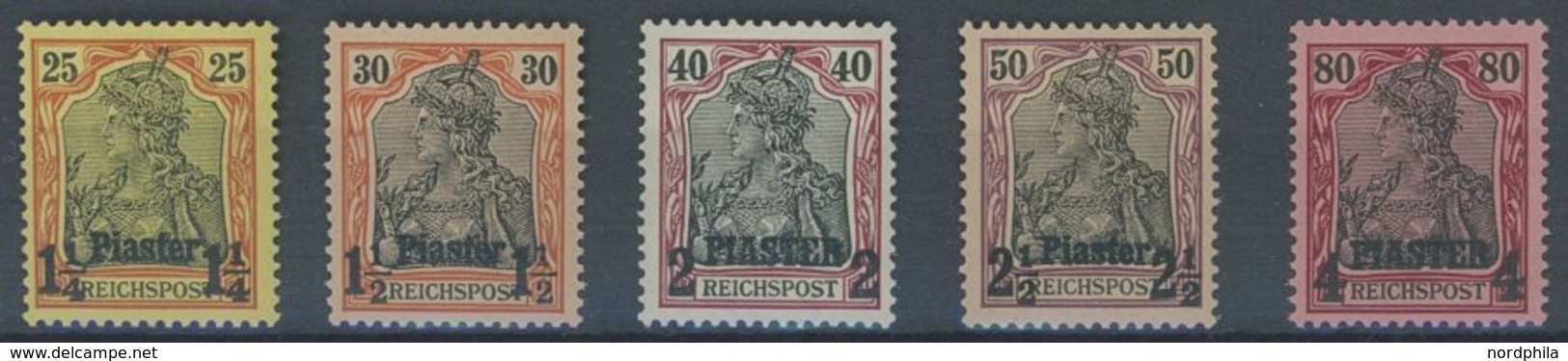 DP TÜRKEI I-V **, 1902, Nicht Ausgegeben: 11/4 Pia. Auf 25 Pf. - 4 PIA Auf 80 Pf., Postfrisch, 5 Prachtwerte, Mi. 3750.- - Deutsche Post In Der Türkei