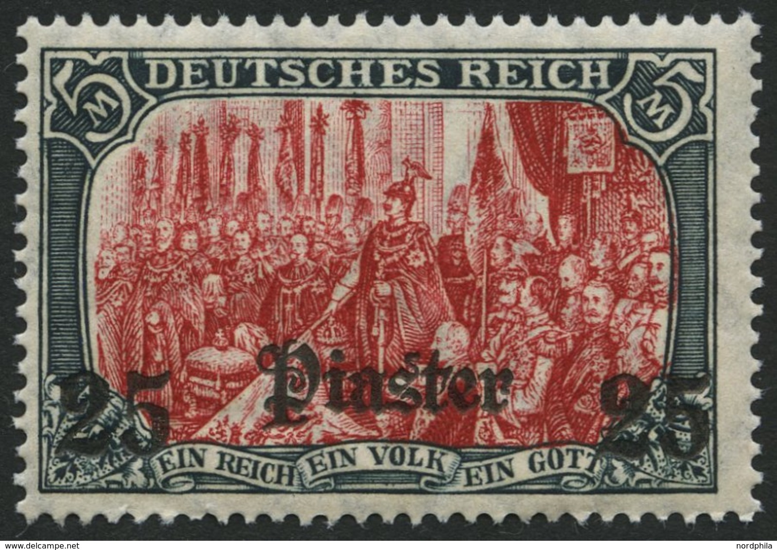 DP TÜRKEI 47b **, 1908, 25 Pia. Auf 5 M., Mit Wz., Karmin Quarzend, Postfrisch, Feinst, Mi. 100.- - Deutsche Post In Der Türkei