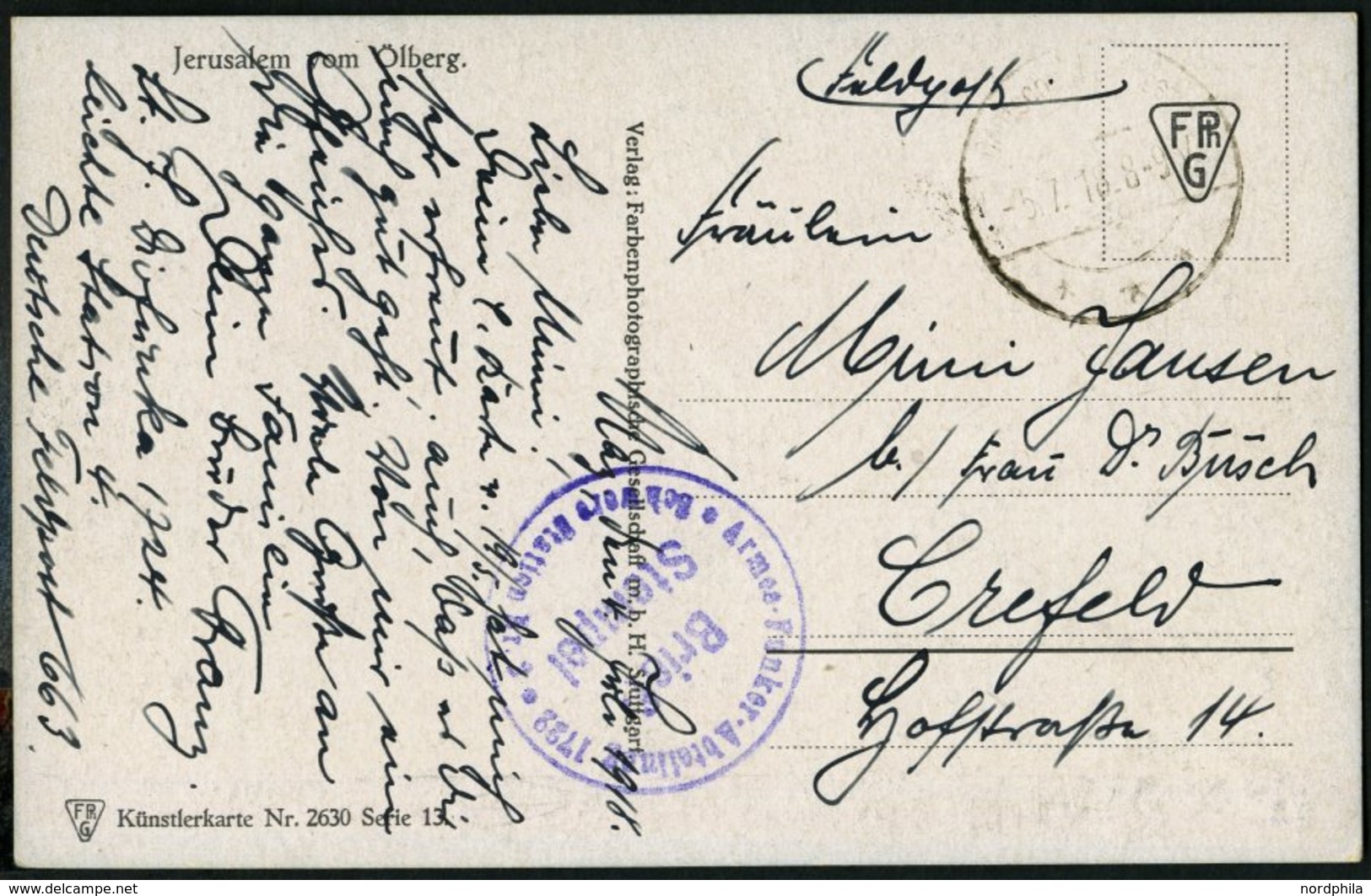DP TÜRKEI 1918, Feldpoststation NAZARETH Auf Feldpost-Ansichtskarte, Violetter Briefstempel Armee-Funker-Abteilung 1722, - Turchia (uffici)