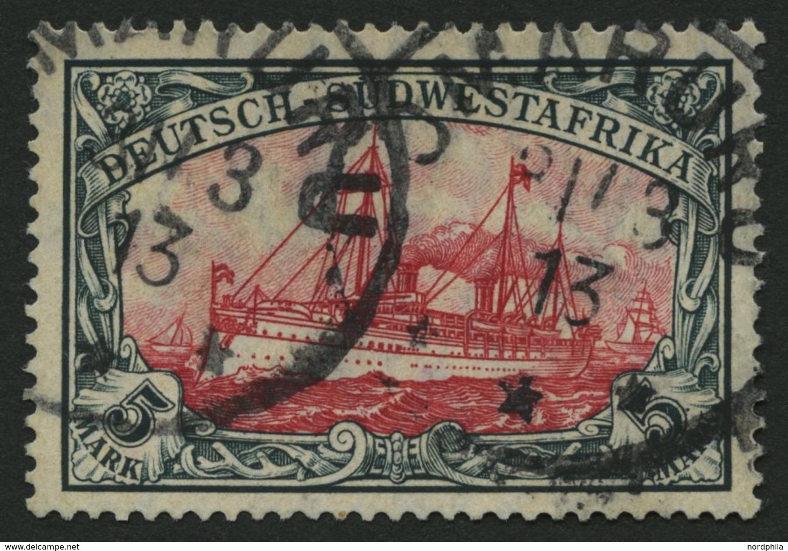 DSWA 32Aa O, 1906, 5 M. Grünschwarz/dunkelkarmin, Mit Wz., Gelblichrot Quarzend, Stempel OMARURU, Pracht, Mi. 370.- - Deutsch-Südwestafrika