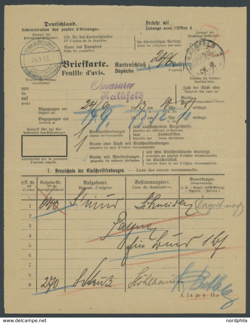 DSWA OMARURU KALKFELD, 24.9.1913, Violetter L2 Auf Briefkarte (Verzeichnis Der Einschreibsendungen), Pracht - Deutsch-Südwestafrika