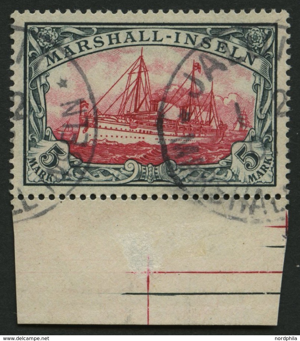 MARSHALL-INSELN 25 O, 1901, 5 M. Grünschwarz/dunkelkarmin, Ohne Wz., Unterrandstück, Pracht, Signiert, Mi. 600.- - Marshall Islands