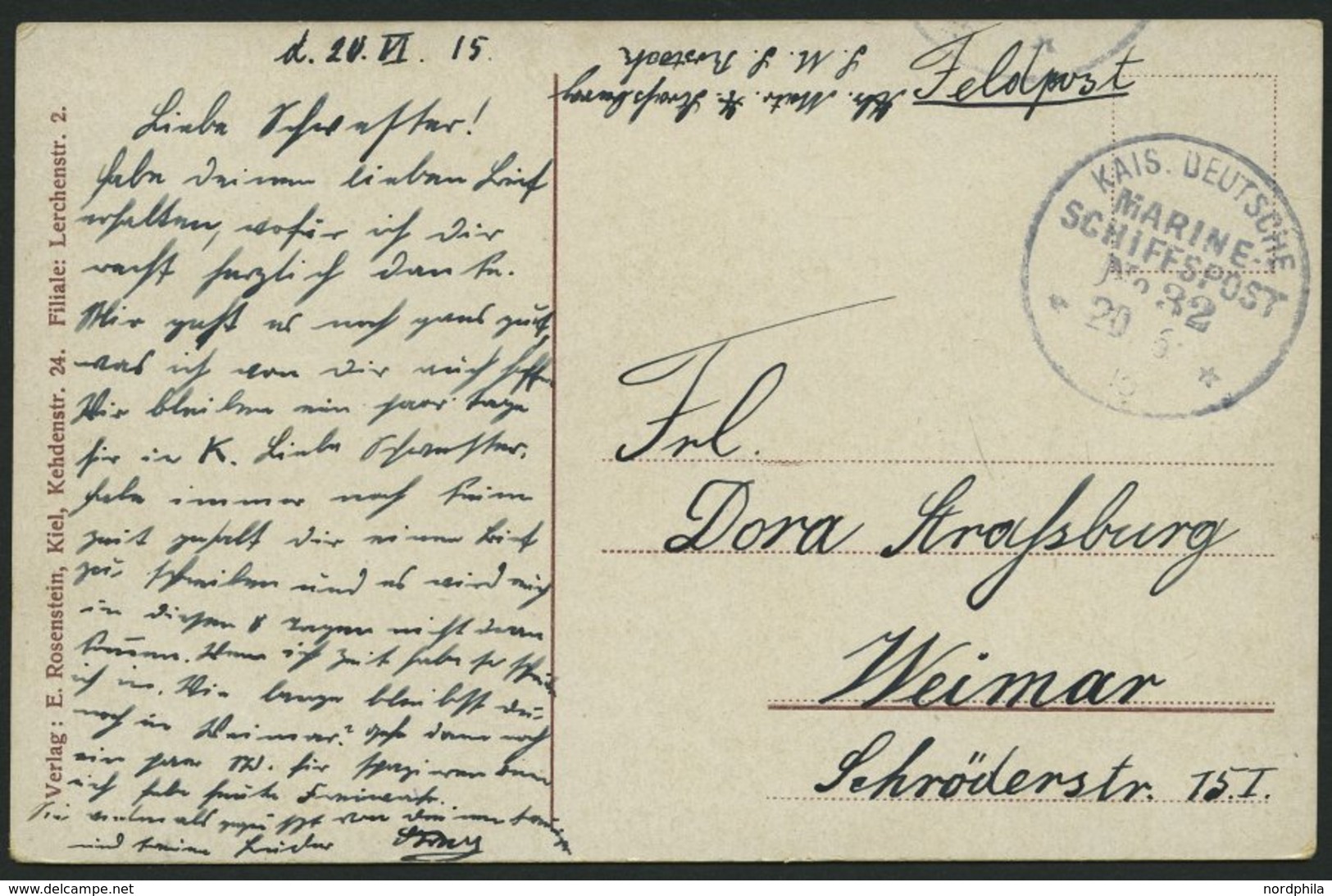 MSP VON 1914 - 1918 32 (Kleiner Kreuzer ROSTOCK), 20.6.1915, Feldpost-Ansichtskarte Von Bord Der Rostock, Pracht - Deutsche Post In Der Türkei