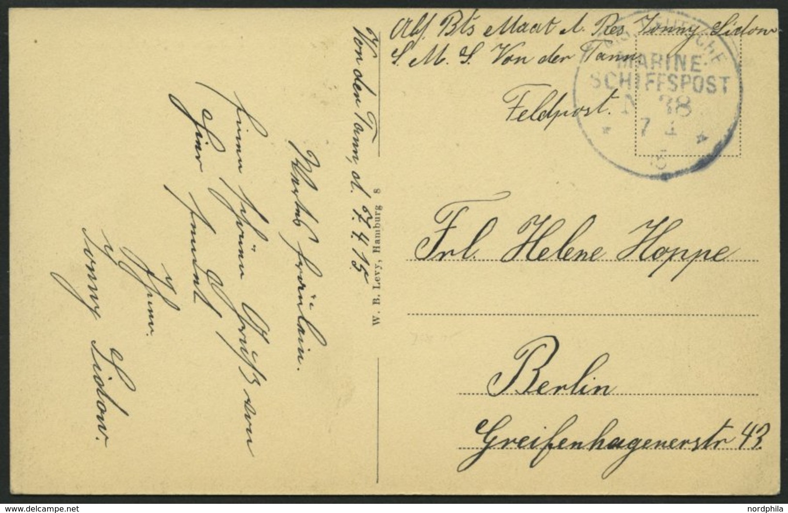 MSP VON 1914 - 1918 38 (Schlachtkreuzer VON DER TANN), 7.4.1915, Feldpost-Ansichtskarte Von Bord Der Von Der Tann, Prach - Deutsche Post In Der Türkei