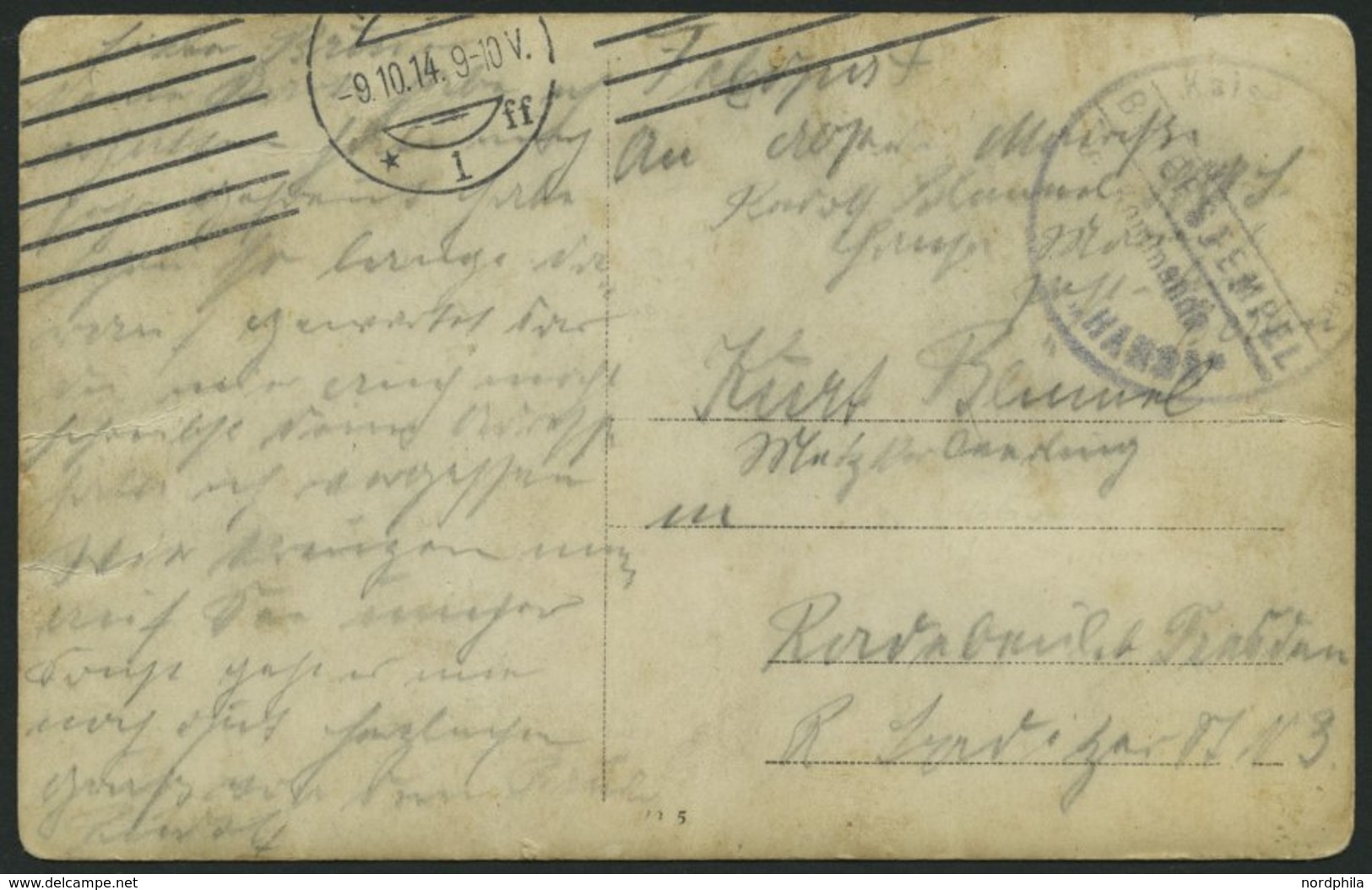 MSP VON 1914 - 1918 (Großer Kreuzer HANSA), 9.10.1914, Violetter Briefstempel, Feldpost-Ansichtskarte Von Bord Der Hansa - Deutsche Post In Der Türkei