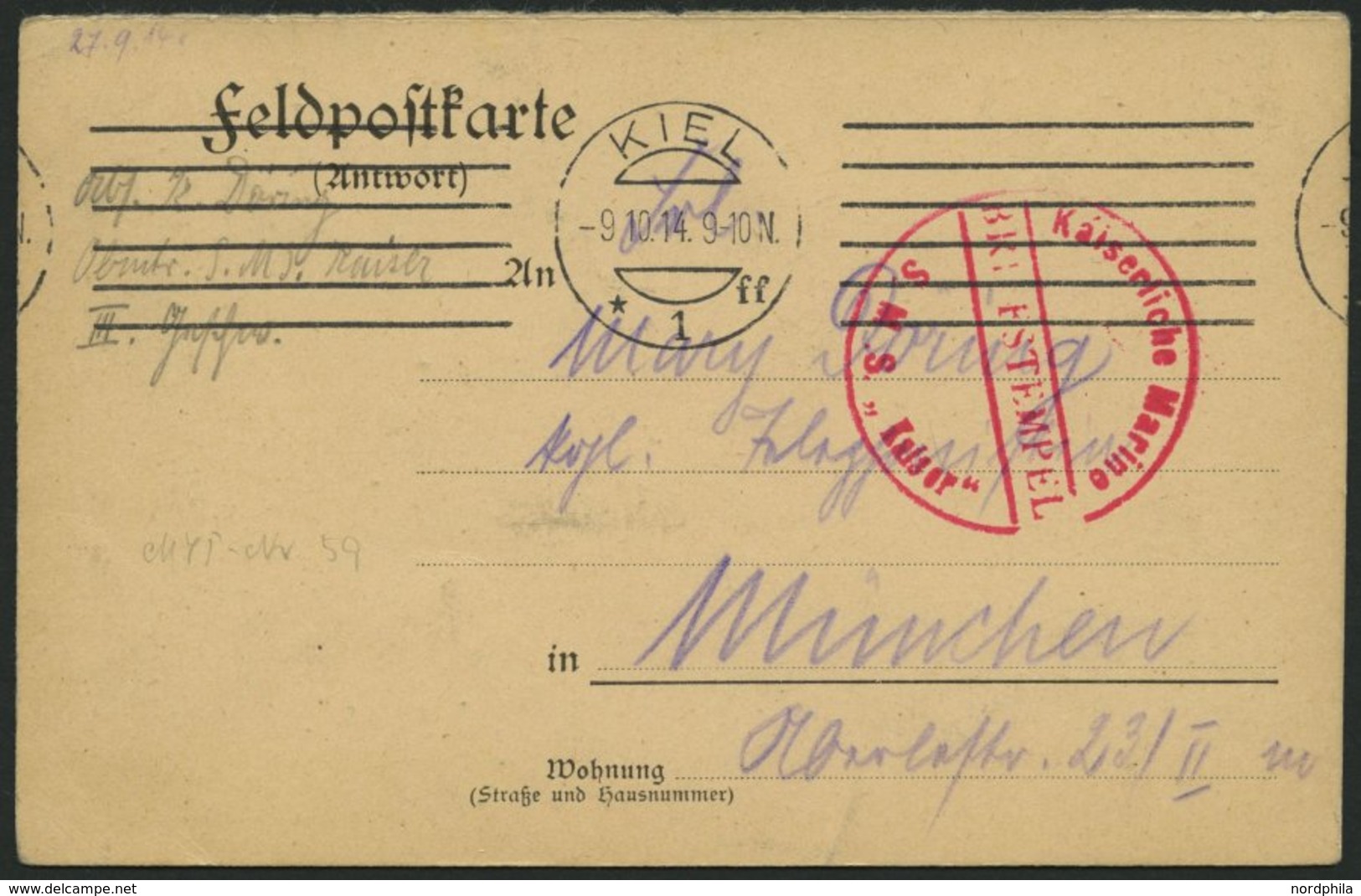 MSP VON 1914 - 1918 (Linienschiff KAISER), 9.10.1914, Roter Briefstempel, Feldpostkarte Von Bord Der Kaiser, Pracht - Deutsche Post In Der Türkei