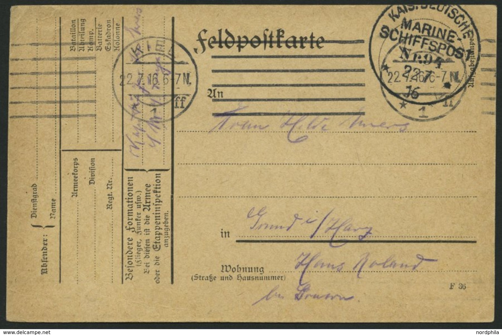 MSP VON 1914 - 1918 94 (Großer Kreuzer FREYA), 22.7.1916, Feldpostkarte Von Bord Der Freya, Pracht - Turquia (oficinas)