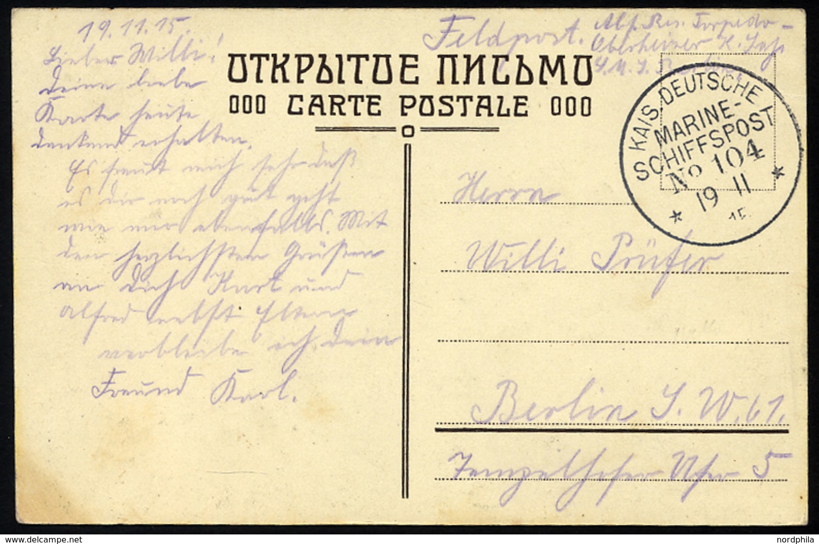 MSP VON 1914 - 1918 104 (Kleiner Kreuzer BERLIN), 19.11.1915, Feldpost-Ansichtskarte Von Bord Der Berlin, Pracht - Deutsche Post In Der Türkei