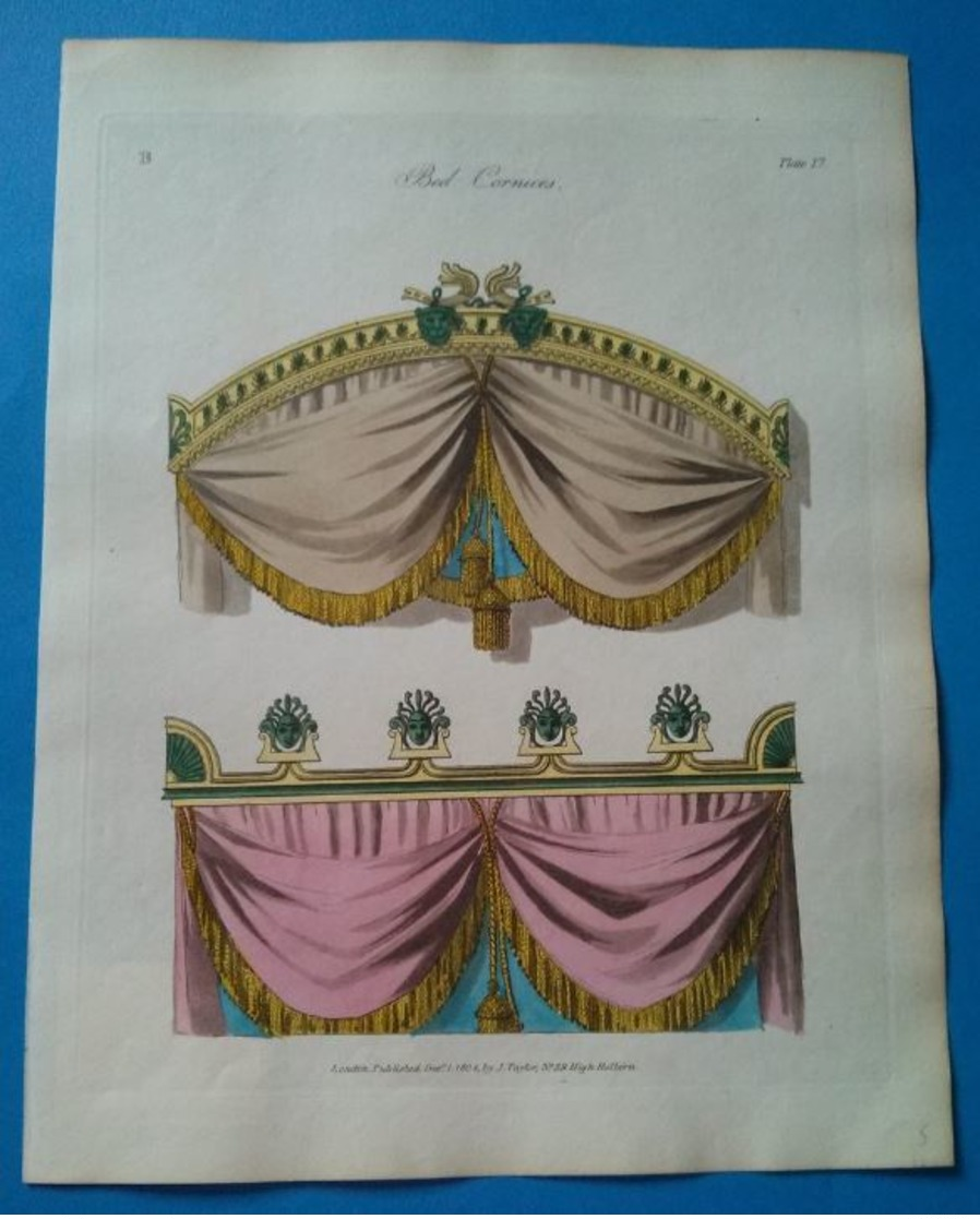 Bed Cornices, Gravure Ancienne Aquarellée Publié En 1804. - Stampe & Incisioni