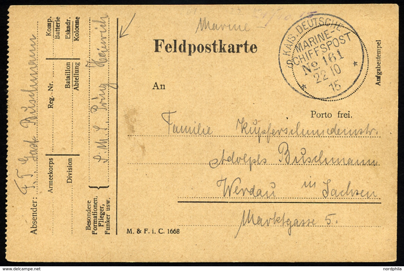 MSP VON 1914 - 1918 161 (Panzerkreuzer PRINZ HEINRICH), 22.10.1915, Feldpost-Vordruckkarte Von Bord Der Prinz Heinrich,  - Deutsche Post In Der Türkei
