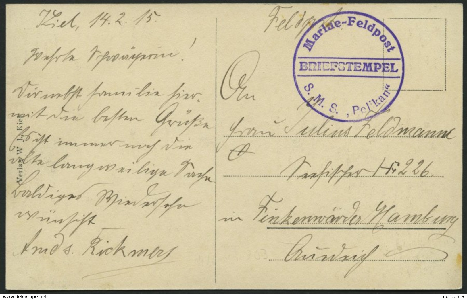 MSP VON 1914 - 1918 (Minenschiff PELIKAN), 14.2.1915, Violetter Briefstempel, Feldpost-Ansichtskarte Von Bord Der Pelika - Deutsche Post In Der Türkei