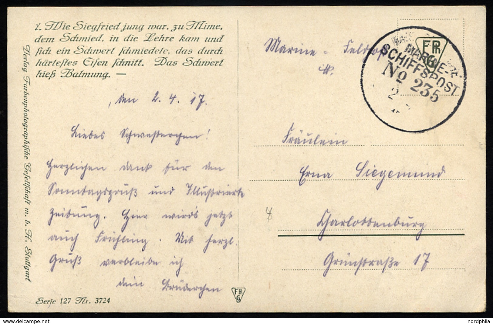 MSP VON 1914 - 1918 235 (2. Halbflottille Der Handelsschutzflottille), 2.4.1917, Feldpost-Künstlerkarte Nach Charlottenb - Deutsche Post In Der Türkei
