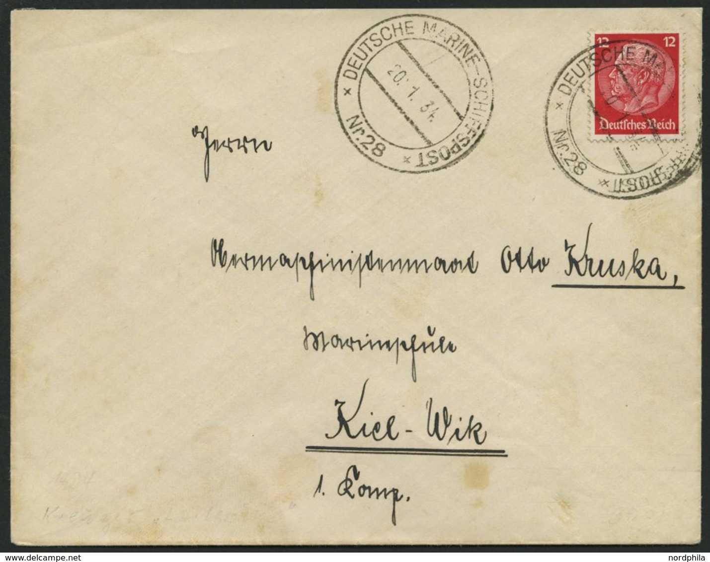 MSP VON 1920 - 1940 DR 487 BRIEF, 28 (Kreuzer KARLSRUHE), 20.1.1934, Etwas Fleckiger Prachtbrief Nach Kiel - Schiffahrt